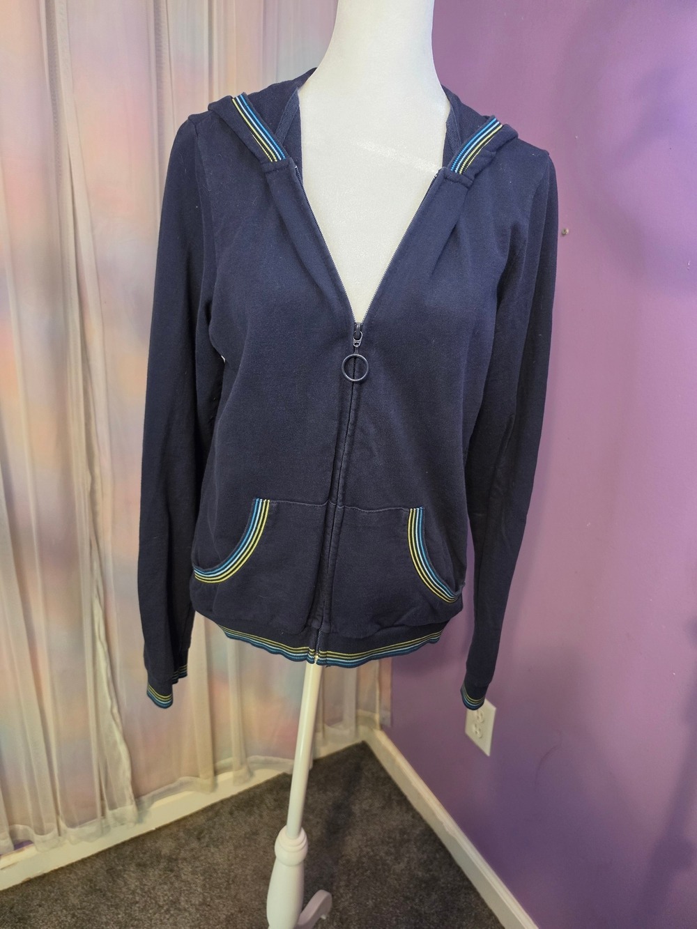 Arizona Jean Company Navy Yellow Hooded Zip Hoodie with Striped Trim Size XL